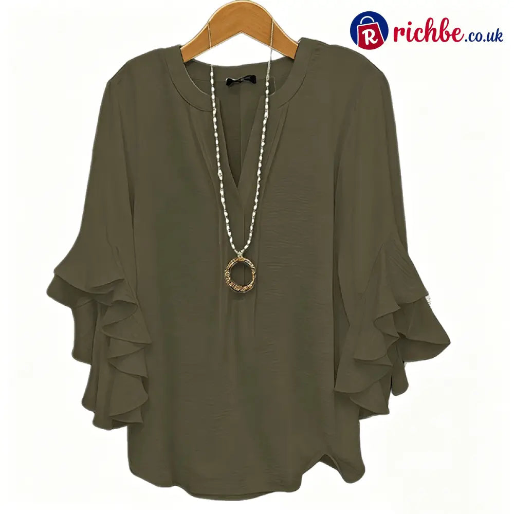V-Neck Ruffled Sleeve Top ✨🌿 - Green / S /UK 2-4 - Clothing & Accessories