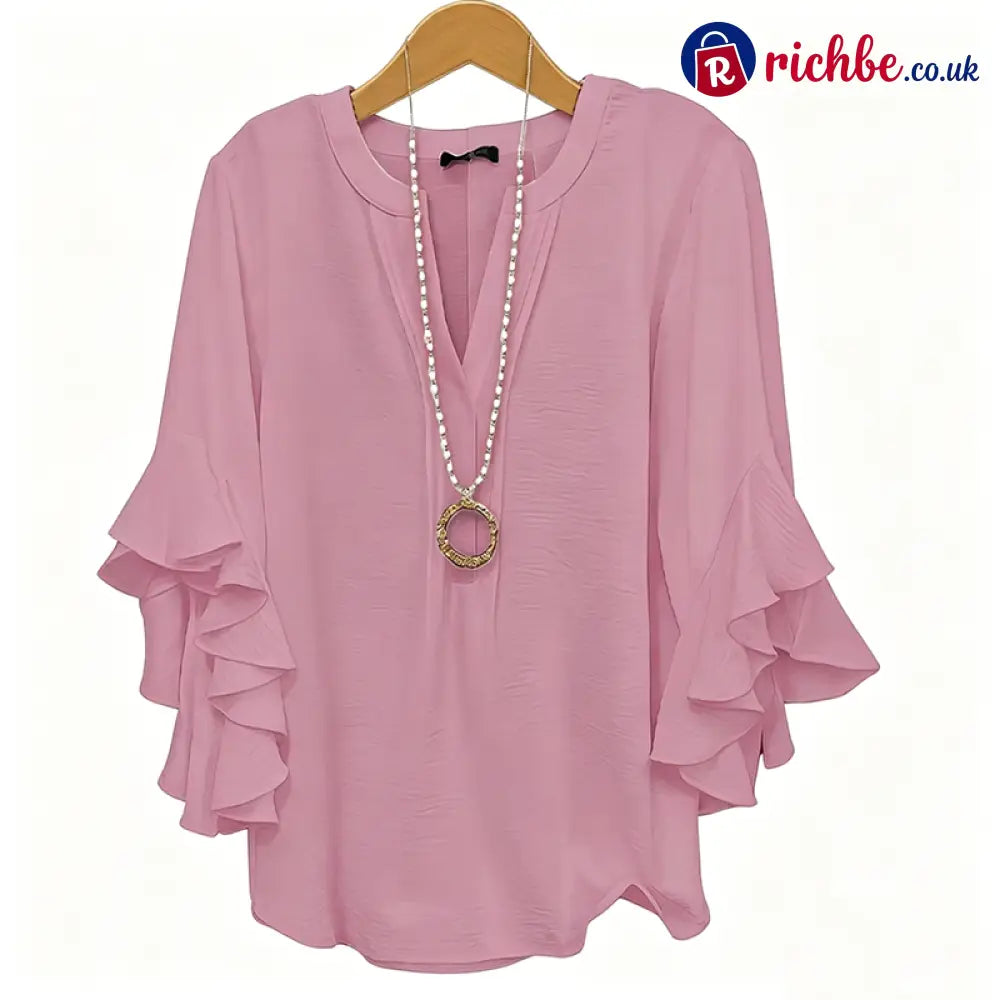 V-Neck Ruffled Sleeve Top ✨🌿 - Pink / S /UK 2-4 - Clothing & Accessories