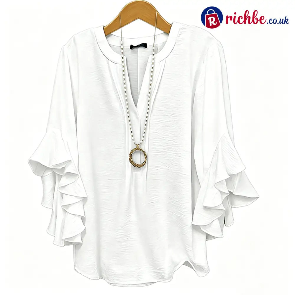 V-Neck Ruffled Sleeve Top ✨🌿 - White / S /UK 2-4 - Clothing & Accessories