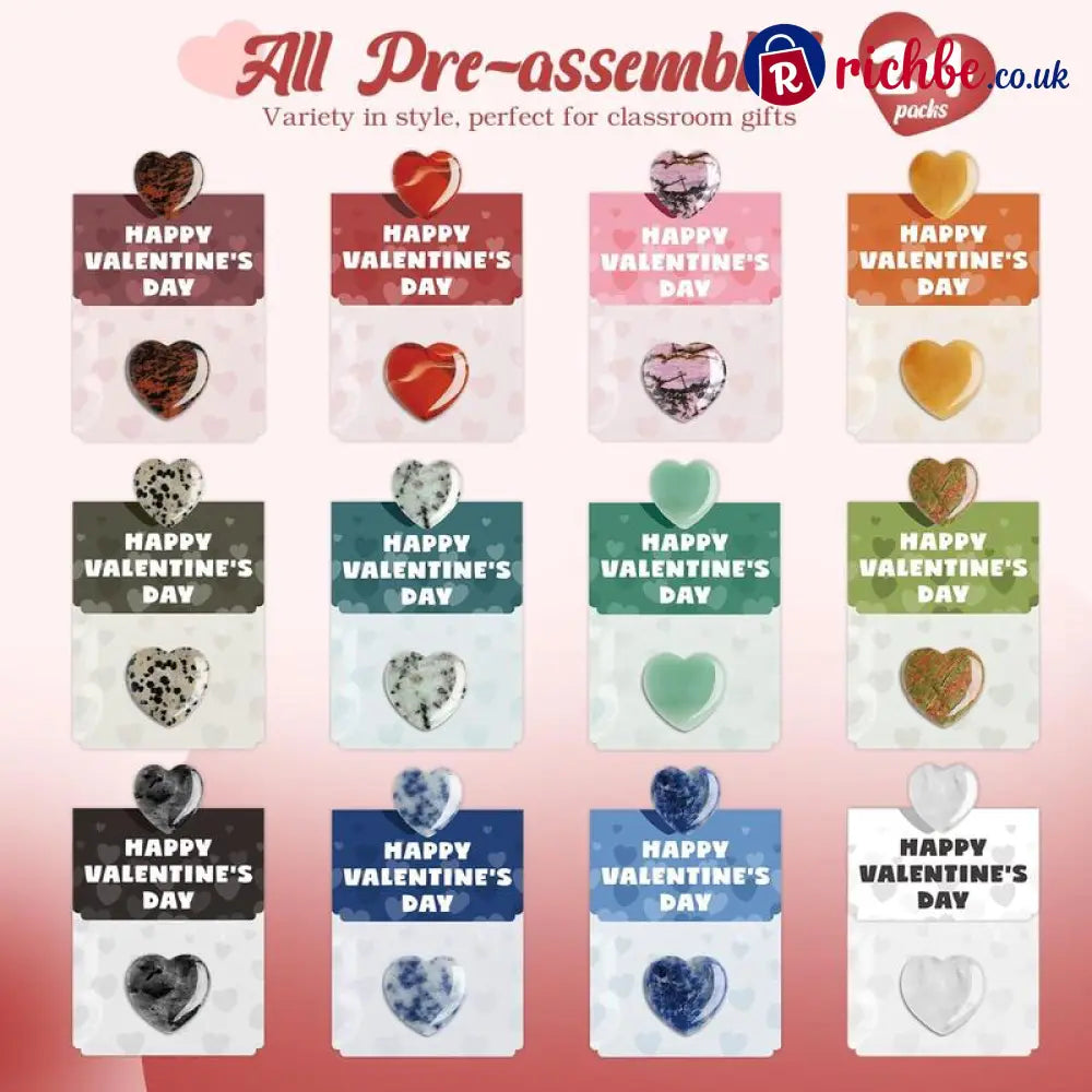 Valentine’s Day Gem Gifts for Kids&Adults – 24 Pack Prefilled Cards with Heart-Shaped Gemstones