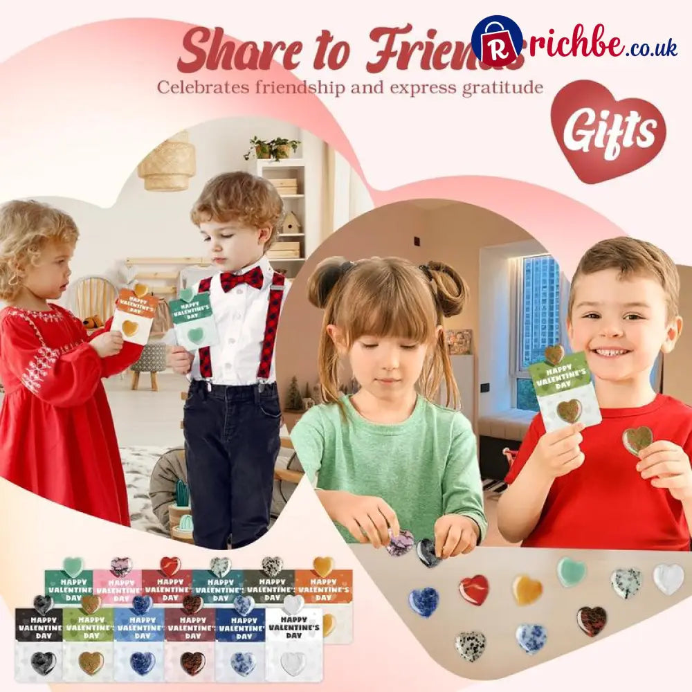 Valentine’s Day Gem Gifts for Kids&Adults – 24 Pack Prefilled Cards with Heart-Shaped Gemstones