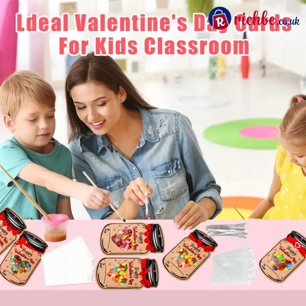 Valentine’s Day Mason Jar Cards for Kids, 50‐Pack with Gift Bags