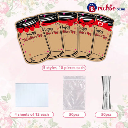 Valentine’s Day Mason Jar Cards for Kids, 50‐Pack with Gift Bags - ✨Buy 1 (50 pcs)