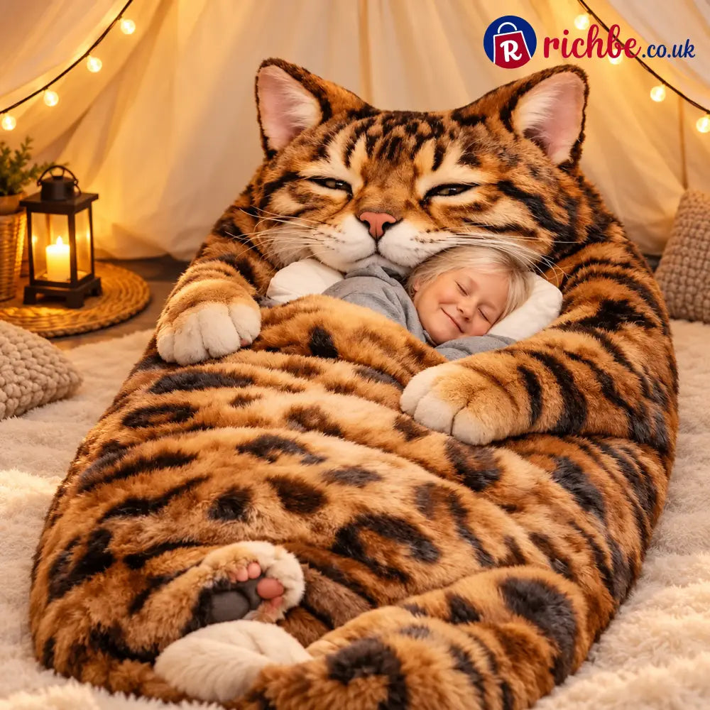 Warm fluffy sleeping bag with cat motif for adults