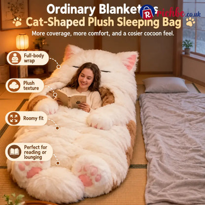 Warm fluffy sleeping bag with cat motif for adults
