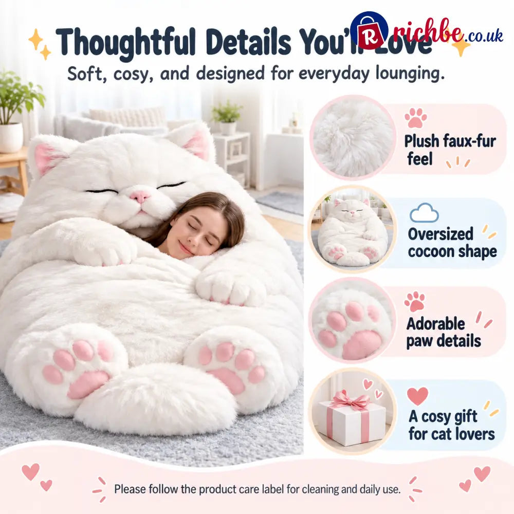 Warm fluffy sleeping bag with cat motif for adults
