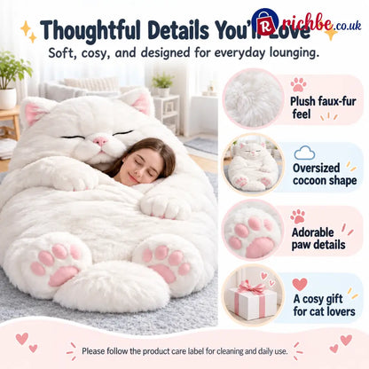 Warm fluffy sleeping bag with cat motif for adults
