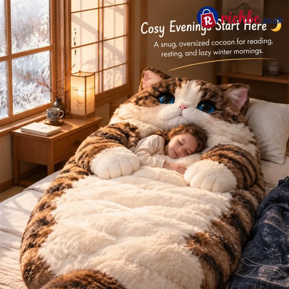 Warm fluffy sleeping bag with cat motif for adults - black and white cat