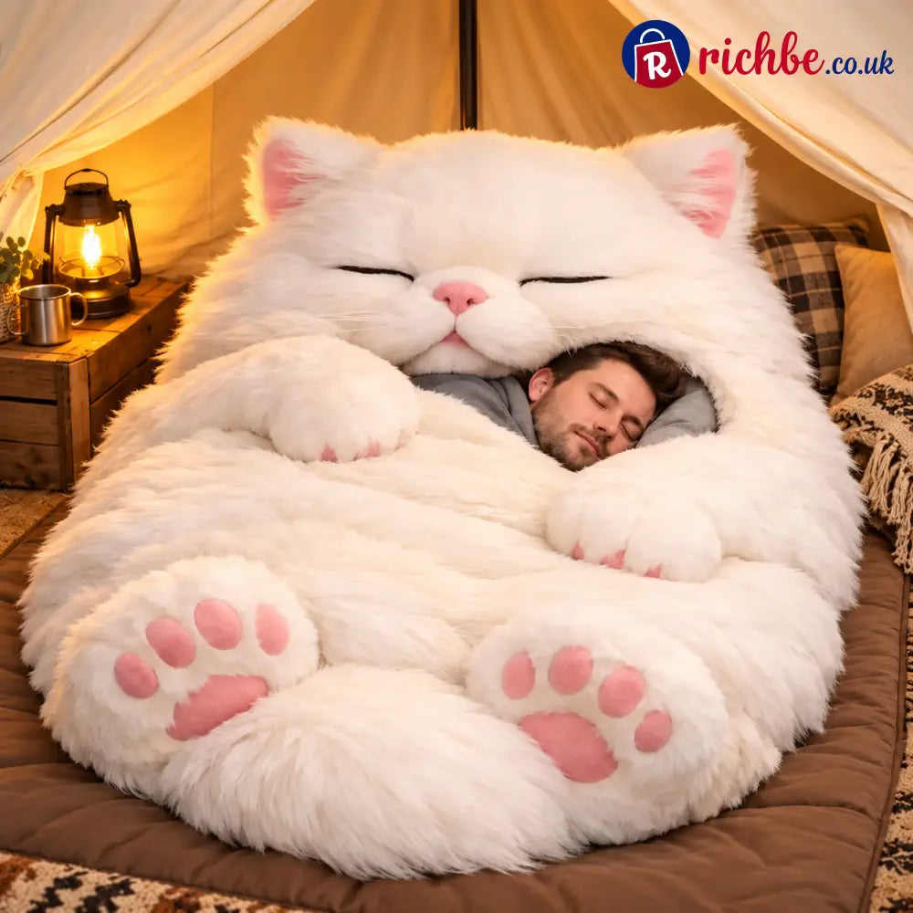 Warm fluffy sleeping bag with cat motif for adults - White cat
