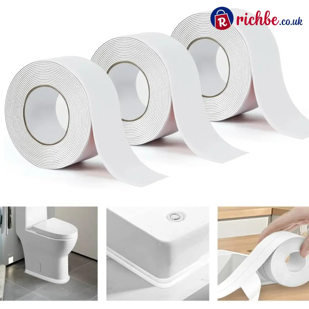 Waterproof Acrylic Caulk Tape – 2 Rolls Cuttable 10.5ft x 1.4in with Sealing Tool – For Bath Toilet Sink & Kitchen
