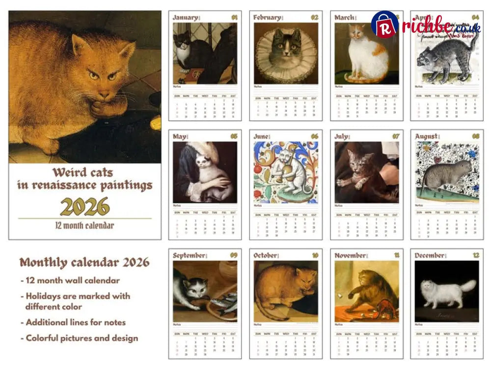 Weird cats in renaissance 2026 Wall Calendar