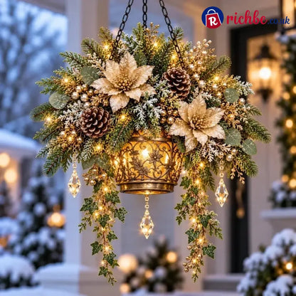 ✨❄️ Winter Bloom Glow™ Hanging Basket – Lighted Christmas Porch Decor - ✨ Champagnergold