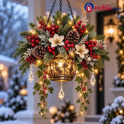 ✨❄️ Winter Bloom Glow™ Hanging Basket – Lighted Christmas Porch Decor - ❤️ Cranberry-Beere