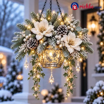 ✨❄️ Winter Bloom Glow™ Hanging Basket – Lighted Christmas Porch Decor - ❄️ Frostiger Schnee