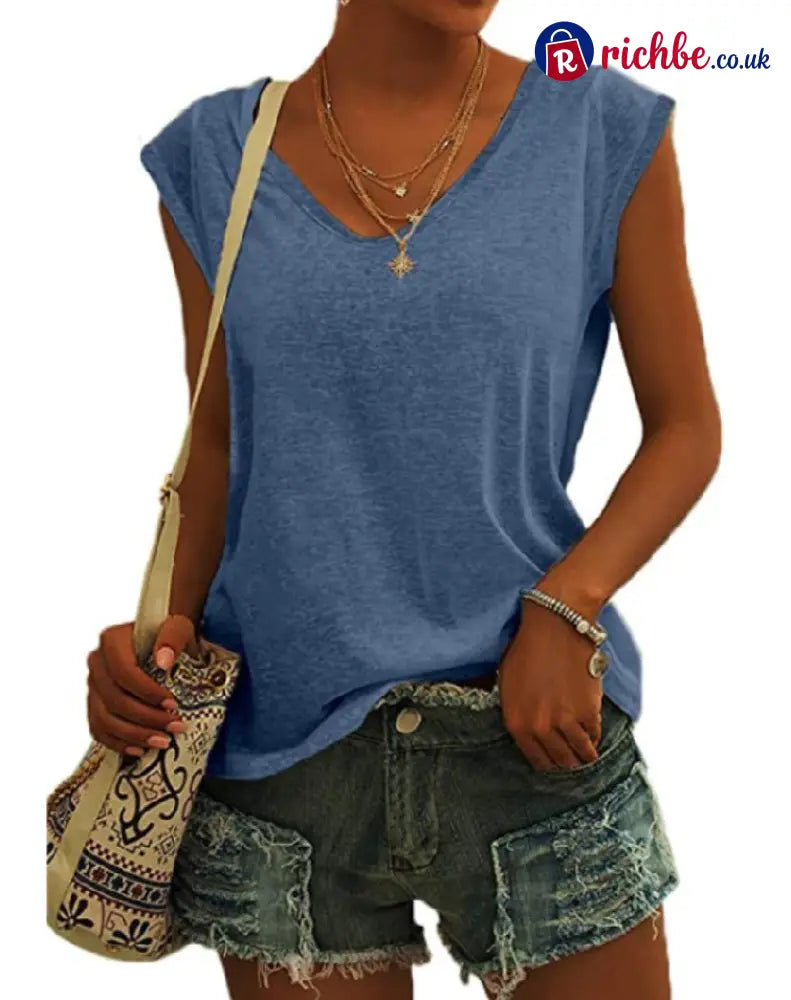 👚 Women’s Casual V-Neck Loose Fit Tank Top - Blue / S - Clothing & Accessories