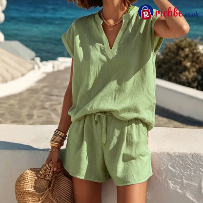 🌸 Women’s Casual V-Neck Top & Shorts Set – Soft breathable & relaxed fit - Green / S - Clothing & Accessories