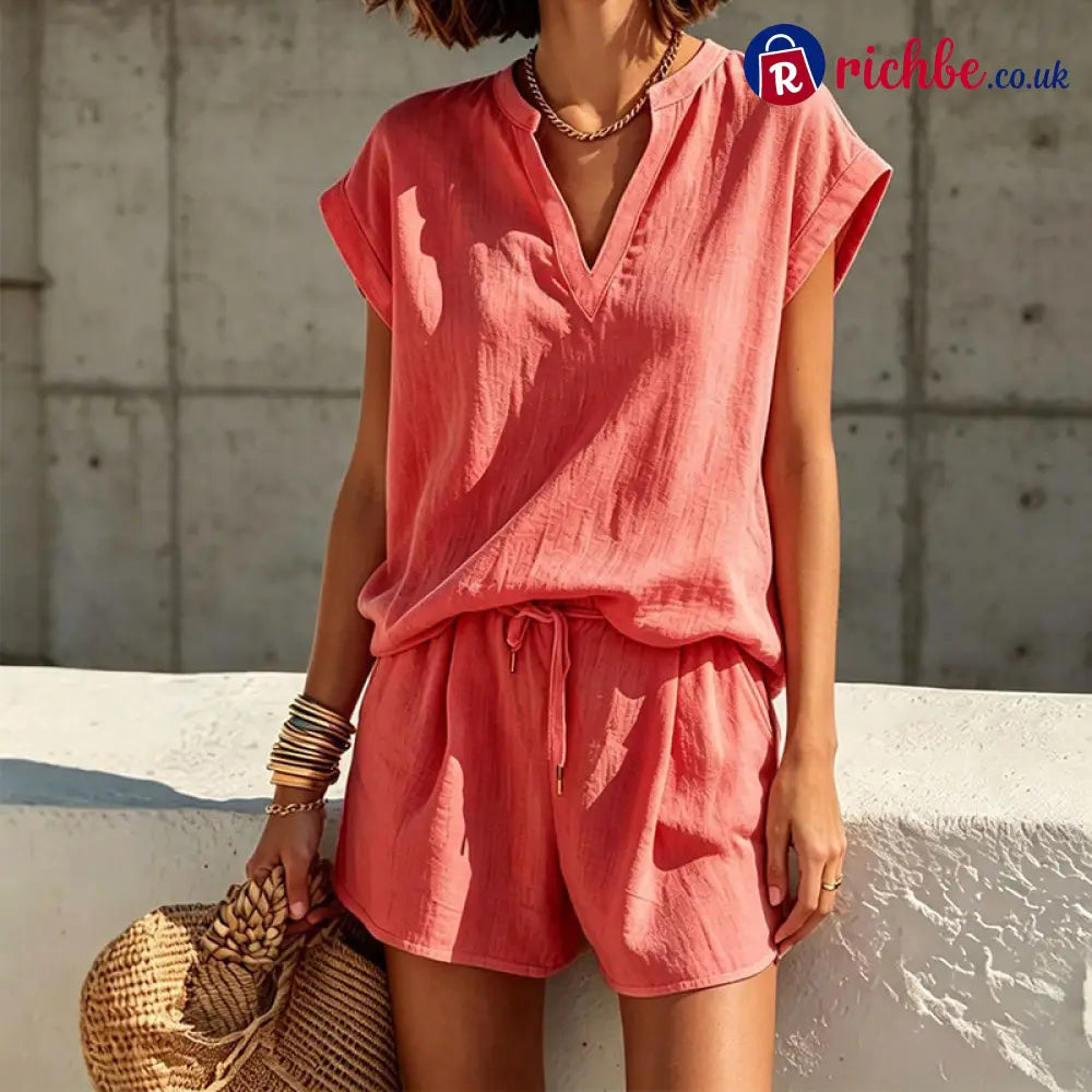 🌸 Women’s Casual V-Neck Top & Shorts Set – Soft breathable & relaxed fit - Orange-Red / S - Clothing & Accessories