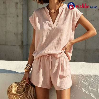 🌸 Women’s Casual V-Neck Top & Shorts Set – Soft breathable & relaxed fit - Pink / S - Clothing & Accessories