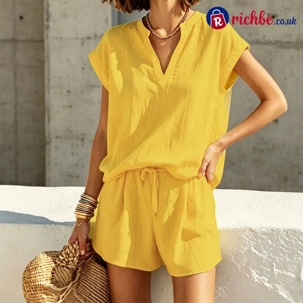 🌸 Women’s Casual V-Neck Top & Shorts Set – Soft breathable & relaxed fit - Yellow / S - Clothing & Accessories