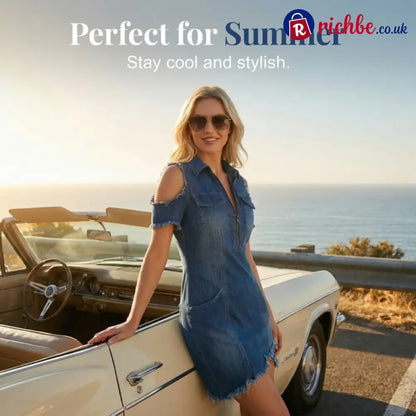Women’s Cold-Shoulder Denim Dress – V-Neck Flowy Boho 🌼 - Clothing & Accessories