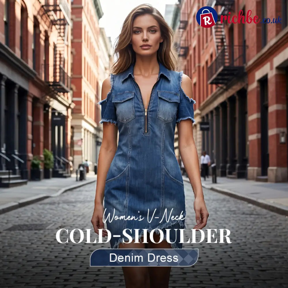 Women’s Cold-Shoulder Denim Dress – V-Neck Flowy Boho 🌼 - Clothing & Accessories