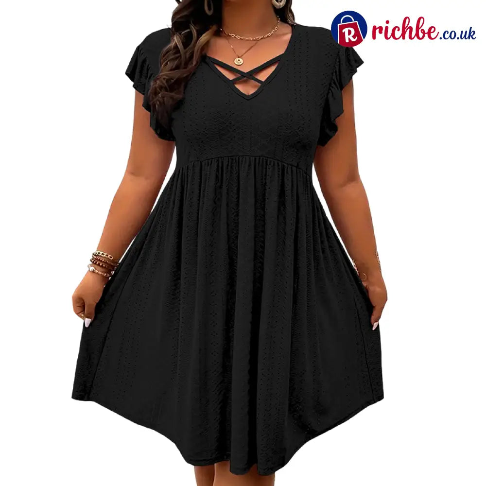 👗 Women’s Criss-Cross V-Neck Flutter Sleeve Flowy Dress - Black / 1XL - Clothing & Accessories