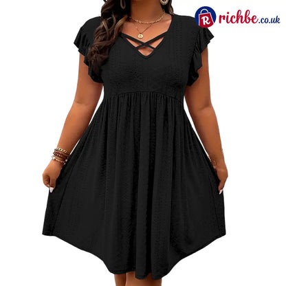 👗 Women’s Criss-Cross V-Neck Flutter Sleeve Flowy Dress - Black / 1XL - Clothing & Accessories