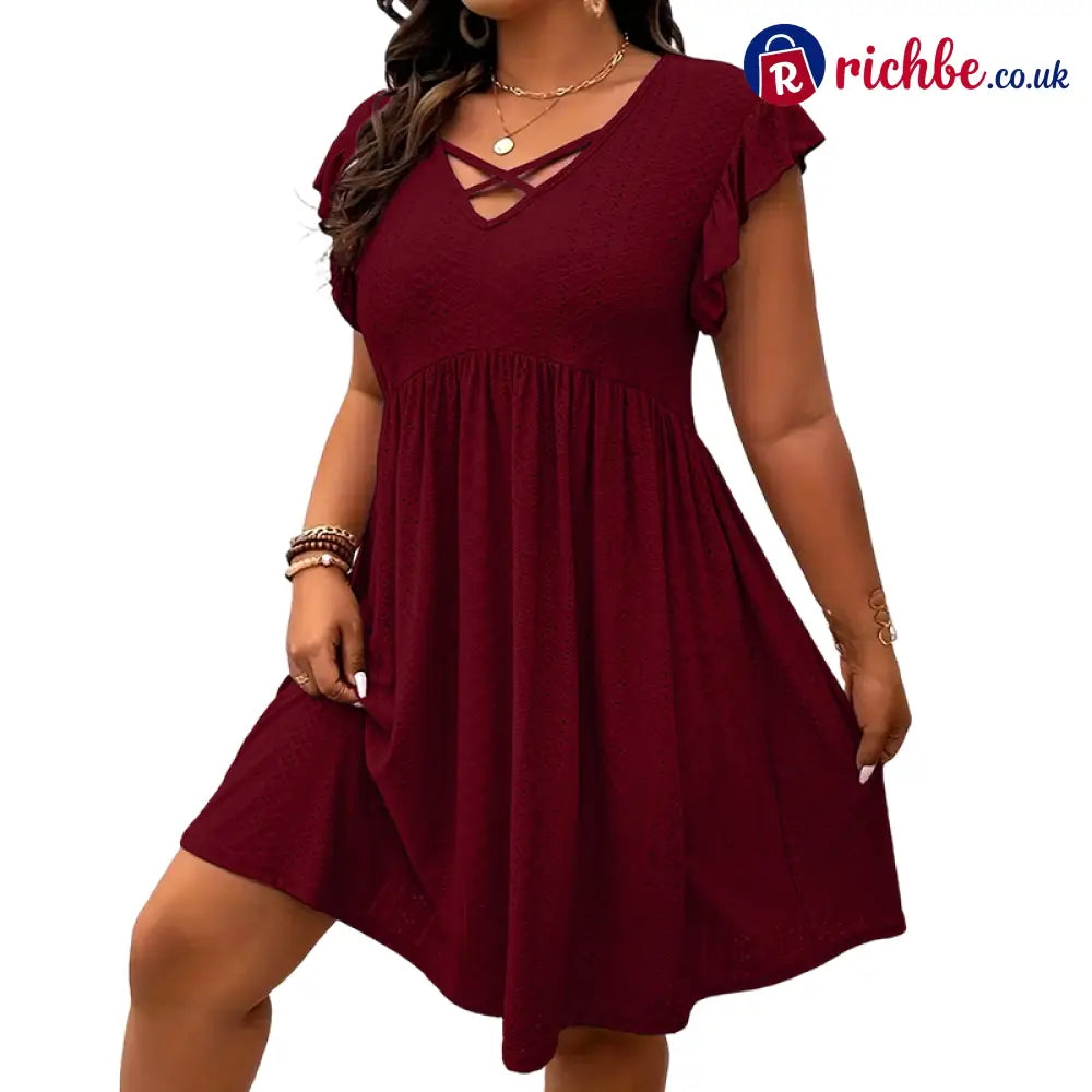 👗 Women’s Criss-Cross V-Neck Flutter Sleeve Flowy Dress - Burgundy / 1XL - Clothing & Accessories