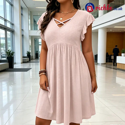 👗 Women’s Criss-Cross V-Neck Flutter Sleeve Flowy Dress - Clothing & Accessories