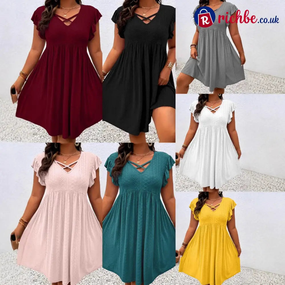 👗 Women’s Criss-Cross V-Neck Flutter Sleeve Flowy Dress - Clothing & Accessories