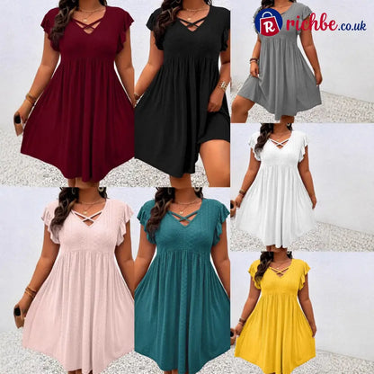 👗 Women’s Criss-Cross V-Neck Flutter Sleeve Flowy Dress - Clothing & Accessories