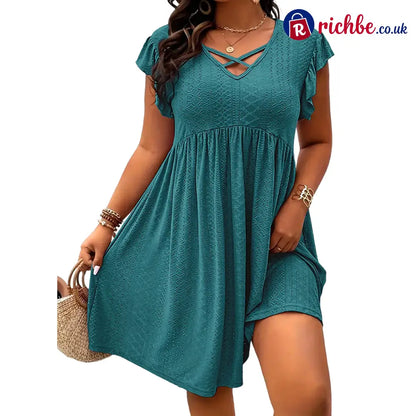 👗 Women’s Criss-Cross V-Neck Flutter Sleeve Flowy Dress - Peacock Blue / 1XL - Clothing & Accessories