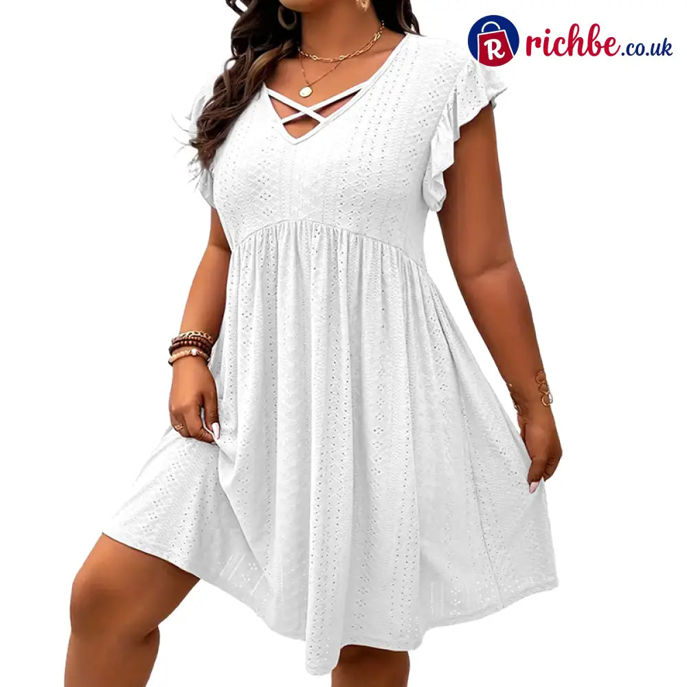 👗 Women’s Criss-Cross V-Neck Flutter Sleeve Flowy Dress - White / 1XL - Clothing & Accessories