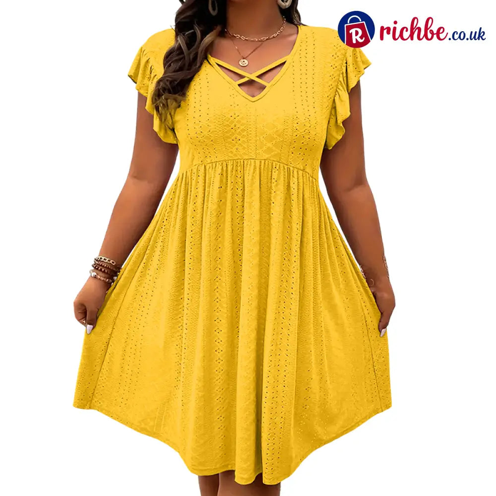 👗 Women’s Criss-Cross V-Neck Flutter Sleeve Flowy Dress - Yellow / 1XL - Clothing & Accessories