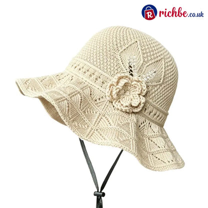 Women’s Crochet Bucket Hat with Flower Accent - Beige - Clothing & Accessories