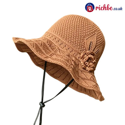 Women’s Crochet Bucket Hat with Flower Accent - Caramel - Clothing & Accessories