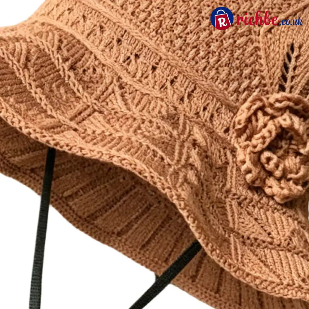 Women’s Crochet Bucket Hat with Flower Accent - Clothing & Accessories