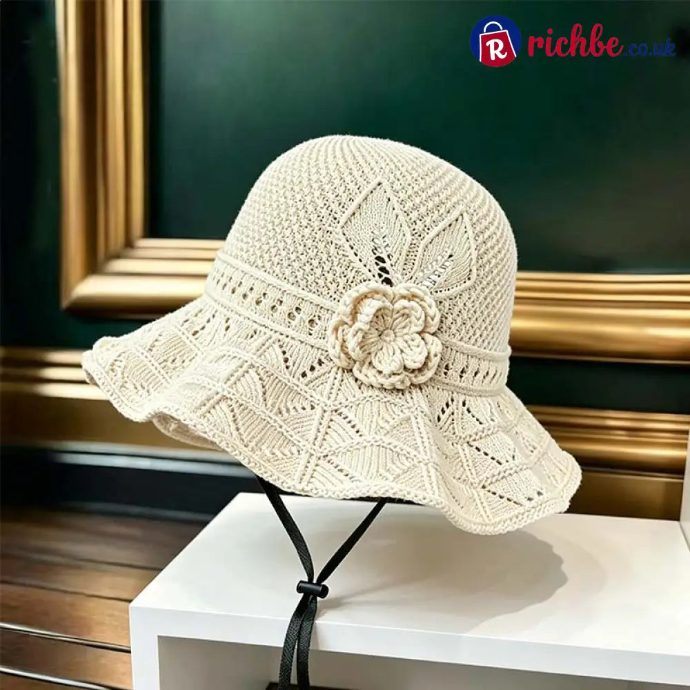 Women’s Crochet Bucket Hat with Flower Accent - Clothing & Accessories
