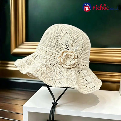 Women’s Crochet Bucket Hat with Flower Accent - Clothing & Accessories