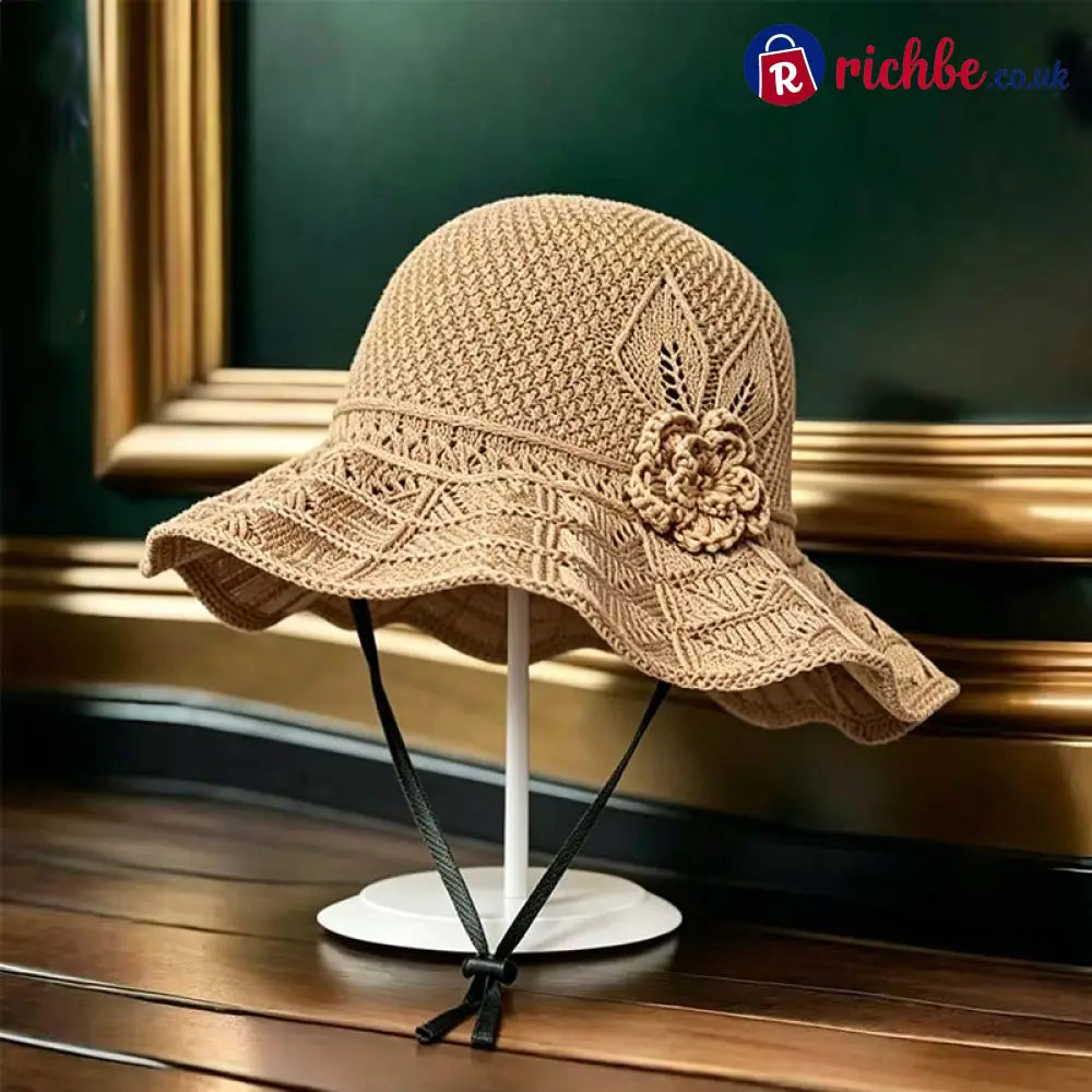 Women’s Crochet Bucket Hat with Flower Accent - Khaki - Clothing & Accessories