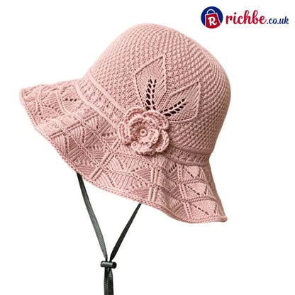 Women’s Crochet Bucket Hat with Flower Accent - Pink - Clothing & Accessories
