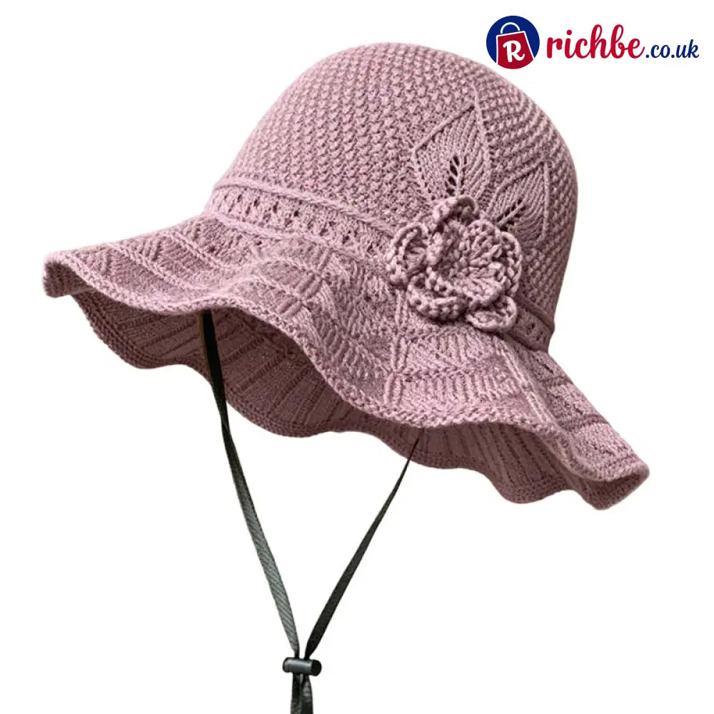 Women’s Crochet Bucket Hat with Flower Accent - Purple - Clothing & Accessories