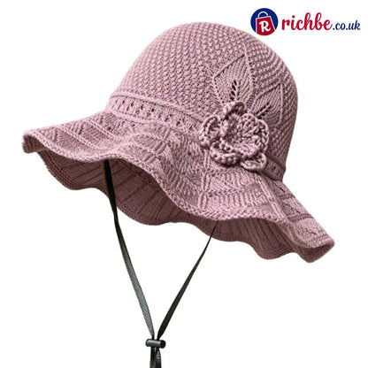 Women’s Crochet Bucket Hat with Flower Accent - Purple - Clothing & Accessories