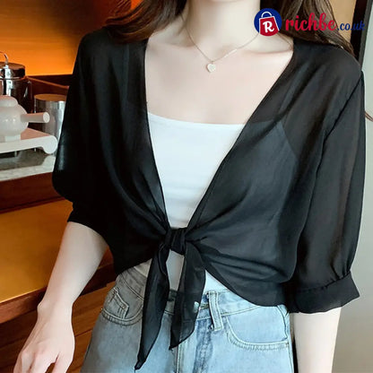 Women’s Elegant Chiffon Tie-Front Cropped Top - Black / S - Clothing & Accessories