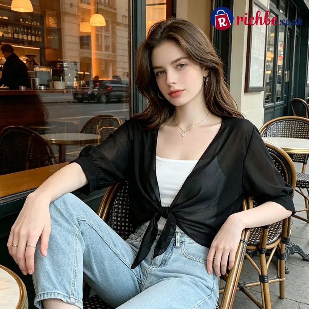 Women’s Elegant Chiffon Tie-Front Cropped Top - Clothing & Accessories
