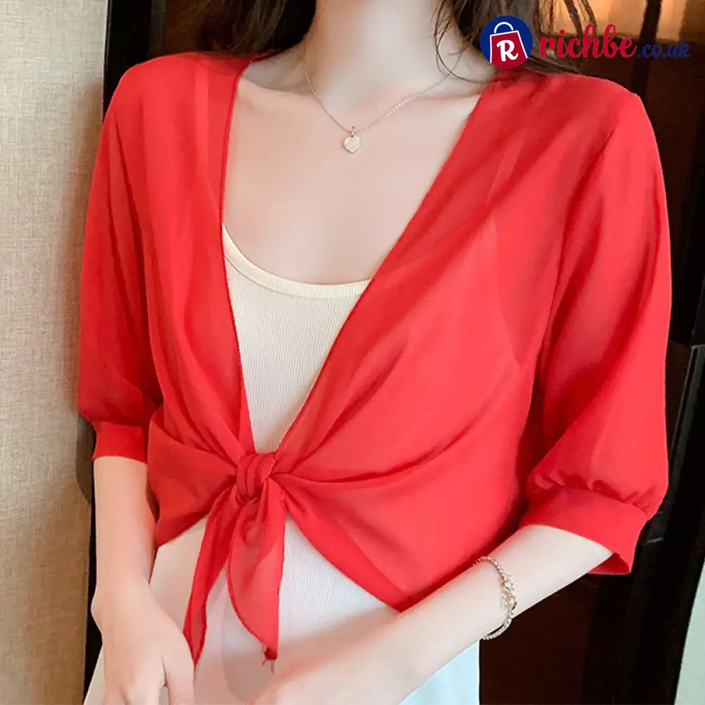Women’s Elegant Chiffon Tie-Front Cropped Top - Red / S - Clothing & Accessories