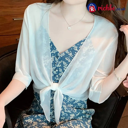 Women’s Elegant Chiffon Tie-Front Cropped Top - White / S - Clothing & Accessories