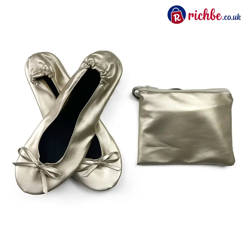Women’s Elegant Foldable Ballet Flats 💕 - White Gold / S (UK 3-4) - Clothing & Accessories