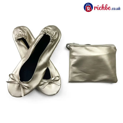 Women’s Elegant Foldable Ballet Flats 💕 - White Gold / S (UK 3-4) - Clothing & Accessories