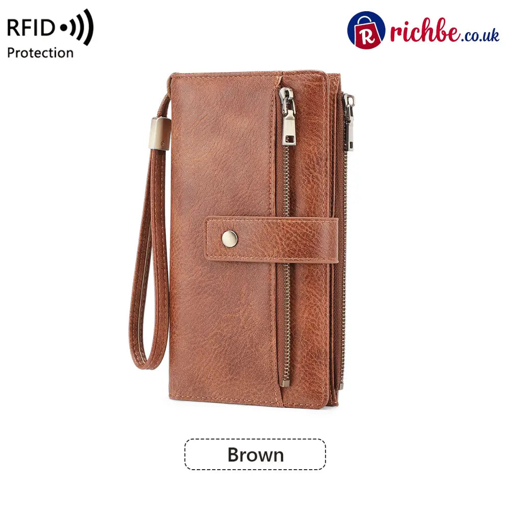 Women’s long wallet stylish clutch elegant solid color RFID blocking leather wallet👛 - Brown